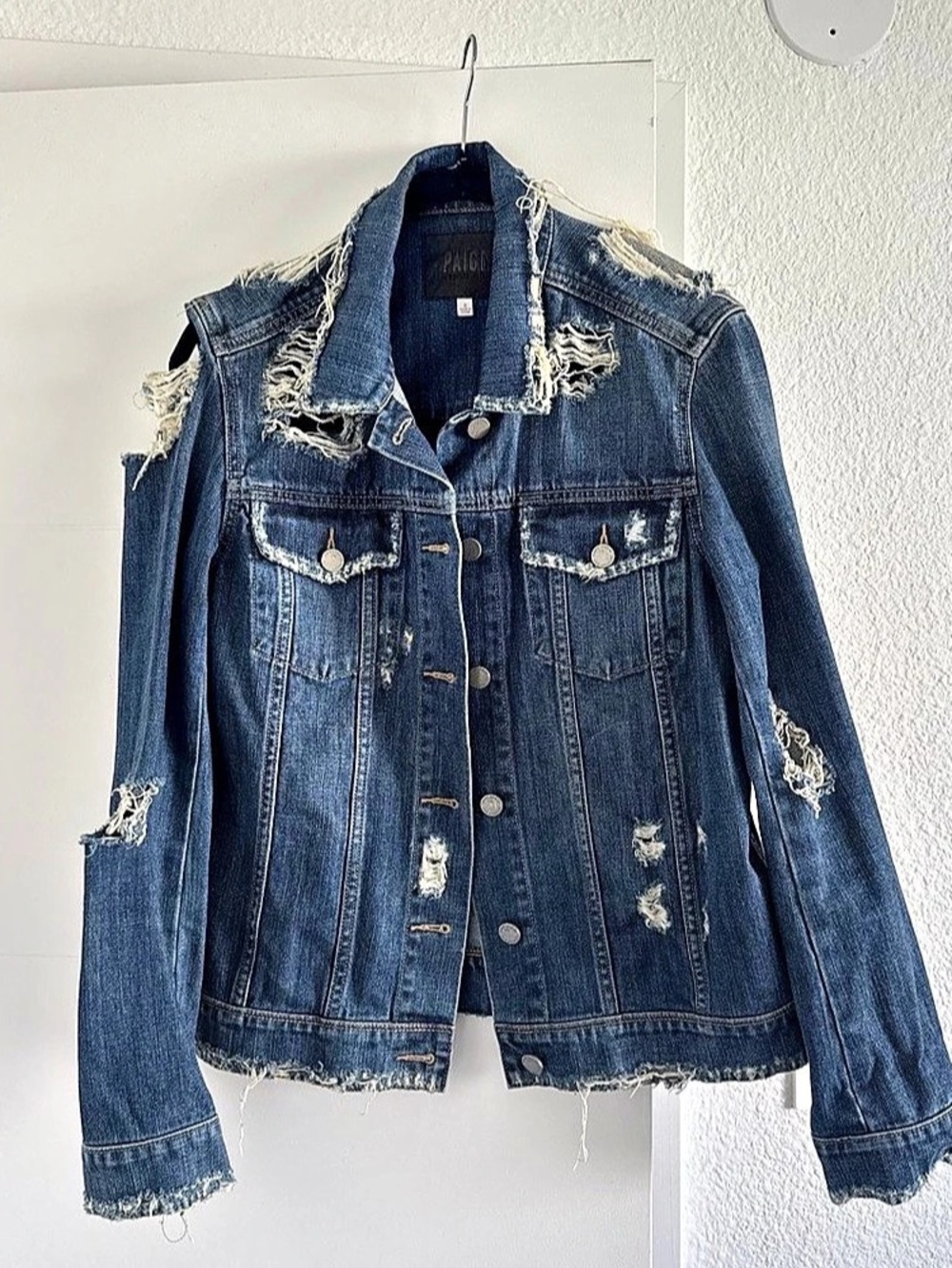 Paige Vivienne Cropped Distressed Denim Jacket Blue Small